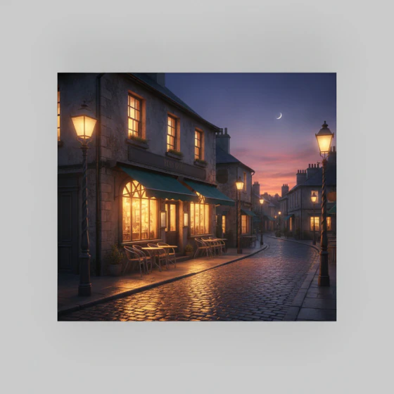 A cobbled street with cafes at dusk, made with Nano Banana in Pictory