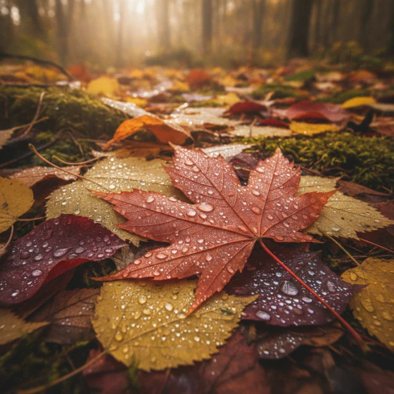 Autumn leaves with dew drops on a forest floor, made with Nano Banana in Pictory