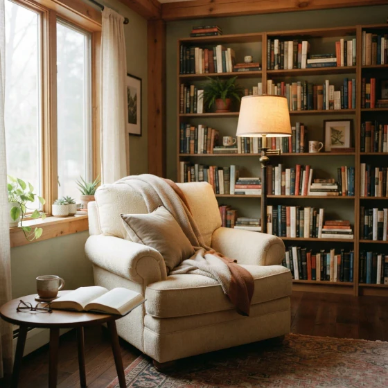 A cozy reading corner with an armchair and a lamp, made with Nano Banana Lite in Pictory