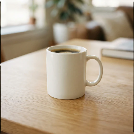 A white coffee mug on a wooden table, made with Nano Banana Lite in Pictory
