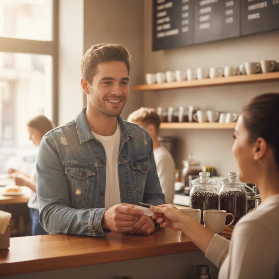 A customer smiling at a cafe counter, an example of a picture to make with Nova Canvas in Pictory