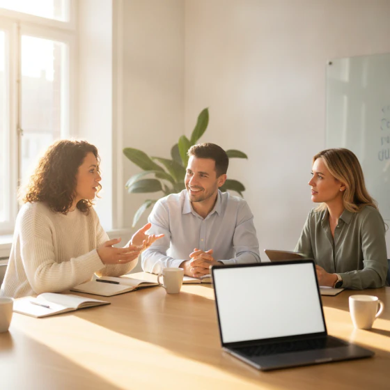 Three colleagues talking in a meeting room, an example of a picture to make with Nova Canvas in Pictory