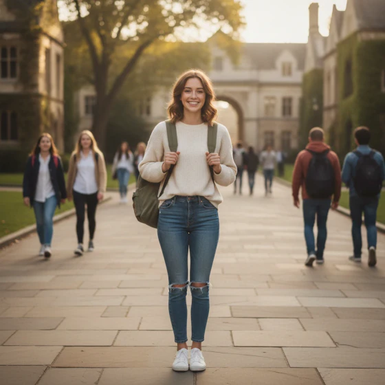 A student with a backpack on a sunny campus, an example of a picture to make with Nova Canvas in Pictory