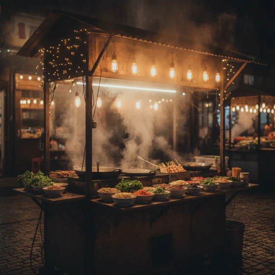 A street food stall at night with steam rising, an example of a shot to make with Omni Flash in Pictory