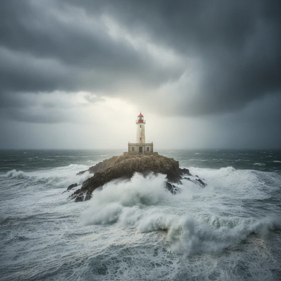 A lighthouse on a cliff in a storm, an example of a shot to make with Omni Flash in Pictory