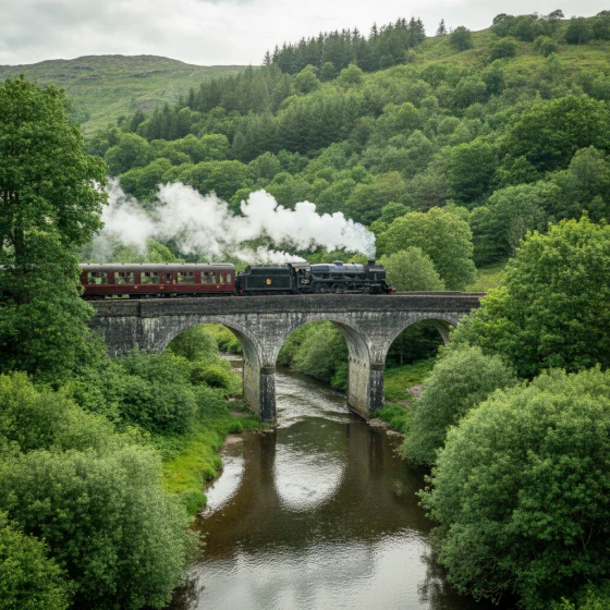 A steam train crossing a stone bridge, an example of a shot to make with Omni Flash in Pictory