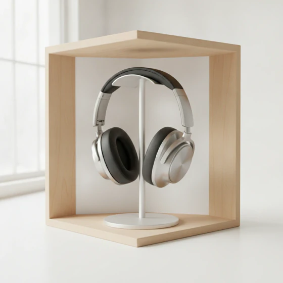 Headphones on a white stand, an example of a shot to make with Pixverse 5.5 in Pictory