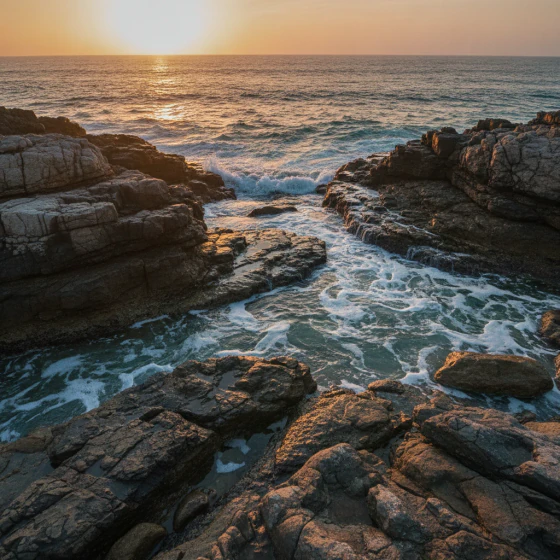 Waves rolling onto a rocky shore, an example of a shot to make with Pixverse 5.5 in Pictory