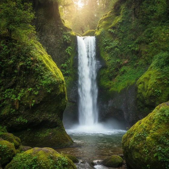A waterfall in a green canyon, an example of a shot to make with Veo 3.1 in Pictory