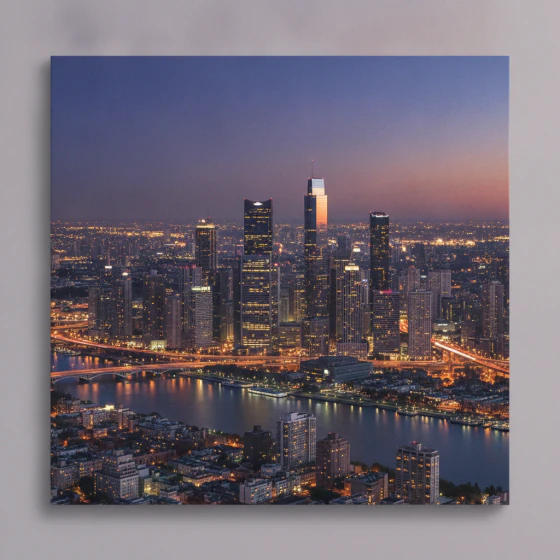 A city skyline at blue hour, an example of a shot to make with Veo 3.1 in Pictory