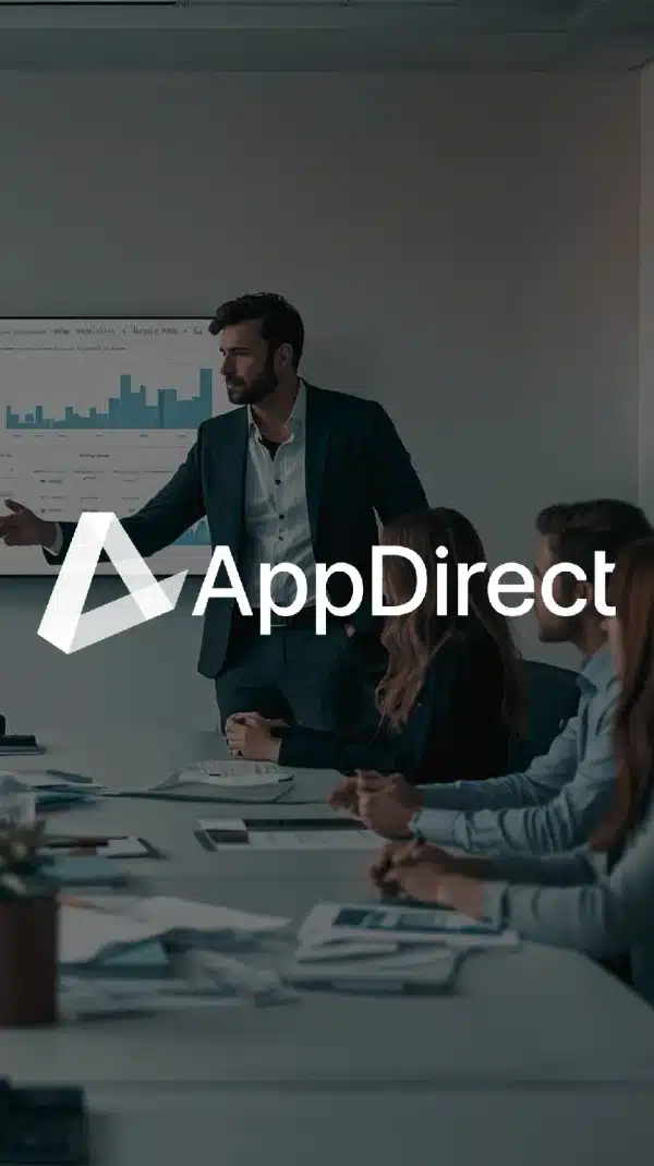 AppDirect logo over a presenter showing a chart to his team