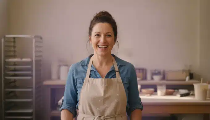A bakery founder in her shop in a brand story video written with AI