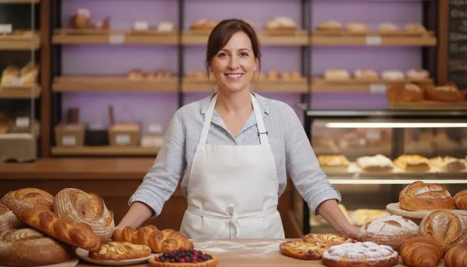 A bakery owner behind a counter of bread and pastries in a product showcase video montage