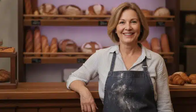 A bakery owner behind her counter in a social video made from her website