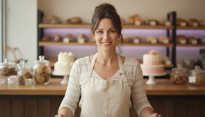A bakery owner smiling at the counter, with her idea turned into a vertical video for Shorts and Reels