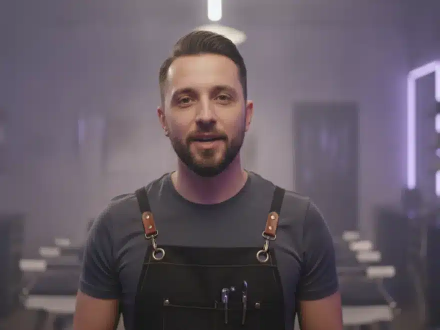 A barber talking to the camera in his shop in a vertical TikTok video with his brand colors applied
