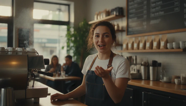 A barista talking to camera in a coffee shop, with a voice waveform along the bottom and the video offered in English, Spanish and French