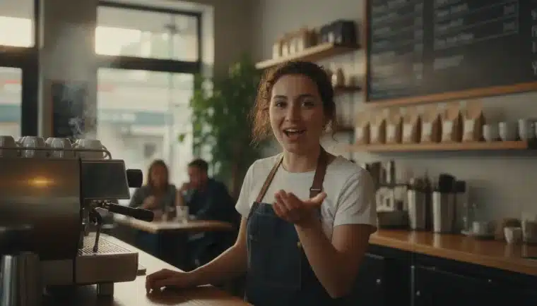 A barista talking to the camera in her cafe, with a play button and audio waveform