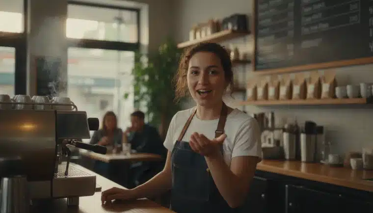A barista talking to the camera in her cafe, with a play button and audio waveform