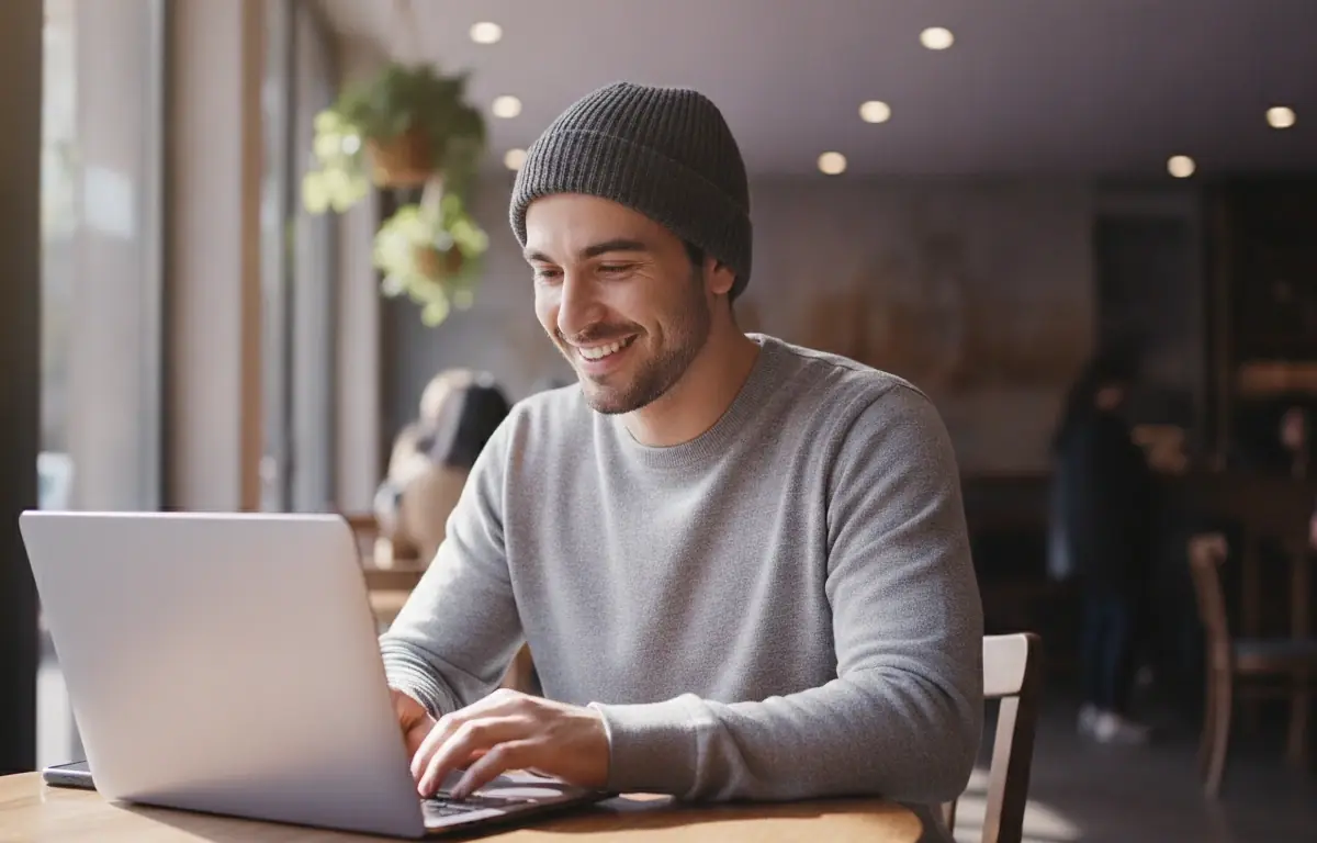 Blogger at his laptop in a cafe turning an article into a captioned video with Pictory