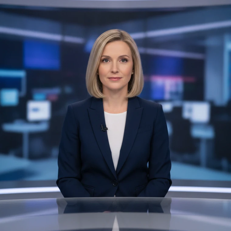 A blonde news presenter in a navy blazer at a studio news desk, an AI avatar