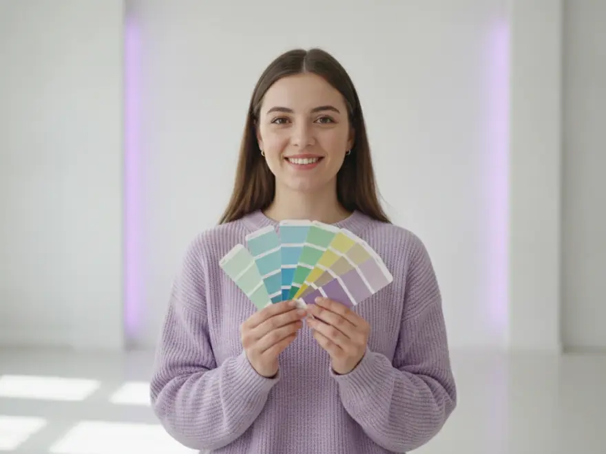 Brand designer holding color swatches after making one video ad in three formats with Pictory