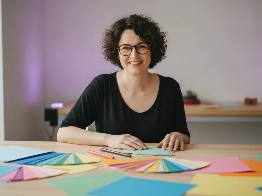 A brand designer smiling beside colorful paper swatches, choosing a brand kit for her Pictory 3 video