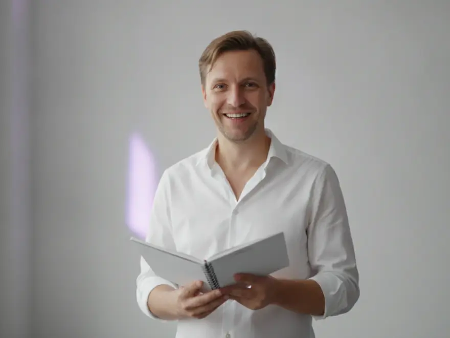 Brand designer with a sketchbook after animating the title of a video intro in Pictory