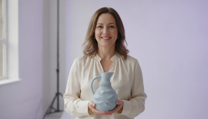 A brand manager holding a ceramic vase in a bright studio, in a product teaser made from one photo in Pictory