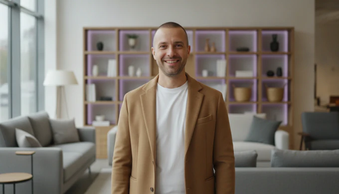 A brand marketer in a furniture showroom, in an ad edited by chat with the AI video editor