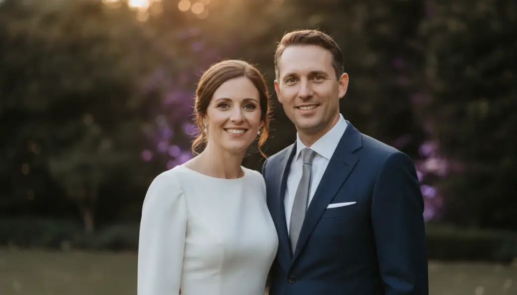 A bride and groom smiling in a garden at golden hour in a wedding video made with Pictory