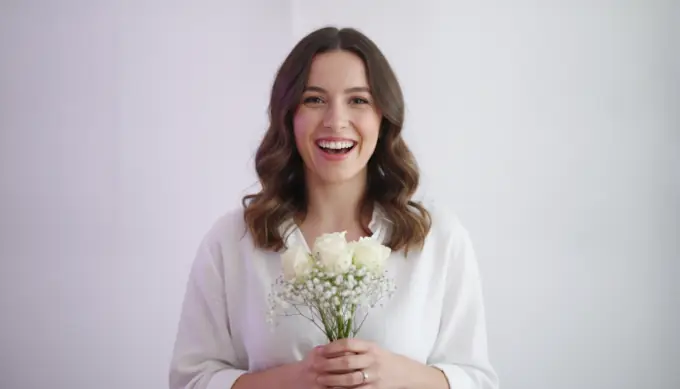 A bride-to-be holding a small bouquet in a wedding save the date video