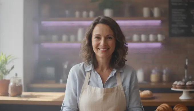 A cafe owner smiling behind her counter in a business video with her brand's music track