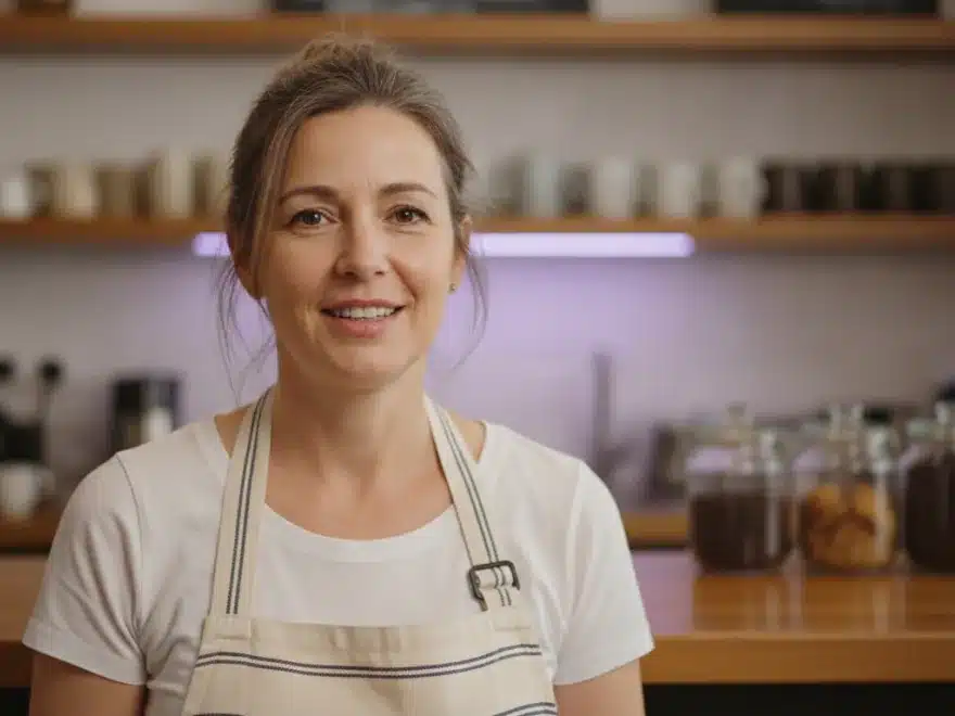A cafe owner talking to the camera in a square social video with captions and her brand colors applied