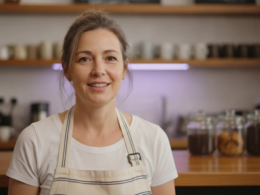 A cafe owner talking to the camera in a square social video with captions and her brand colors applied