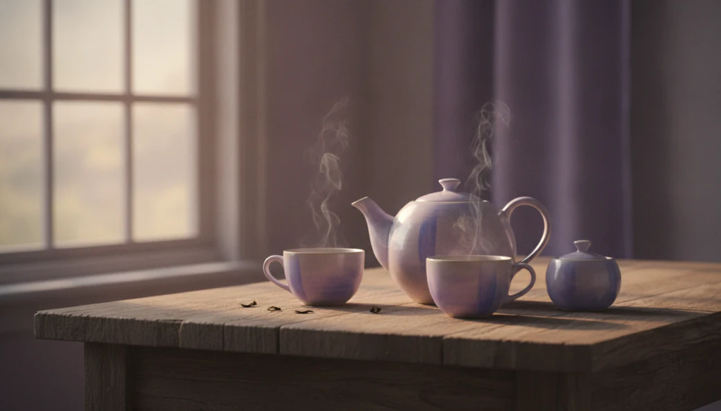 A ceramic teapot and two cups on a wooden table by a window, generated with Nano Banana in Pictory