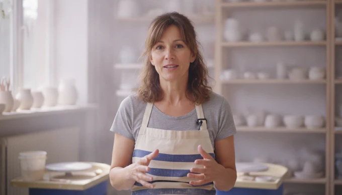 A ceramics studio owner in a product Short made from a short script