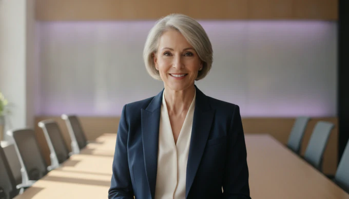 A chief executive in a boardroom in a company update video narrated by a clone of her own voice