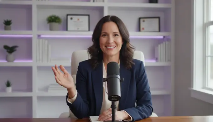 A coach at her desk microphone in a lesson video made from her recording, with the transcript, scenes and captions ticked off