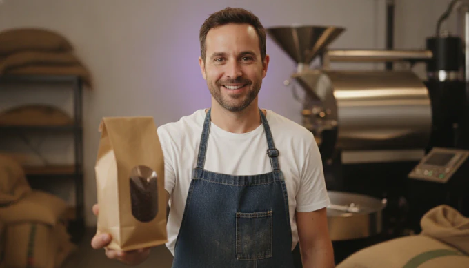 A coffee roaster holding a bag of beans in his roastery, in a video ad made with an AI video generator
