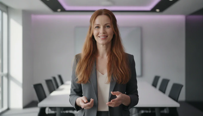 A communications manager presenting in a meeting room, with her slide deck turned into a narrated video by Pictory 3