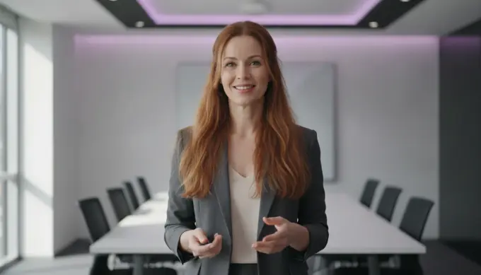 A communications manager presenting in a meeting room, with her slide deck turned into a narrated video by Pictory 3