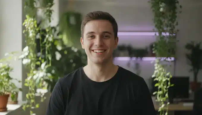 A community manager in a bright office in a Facebook video answering a common question