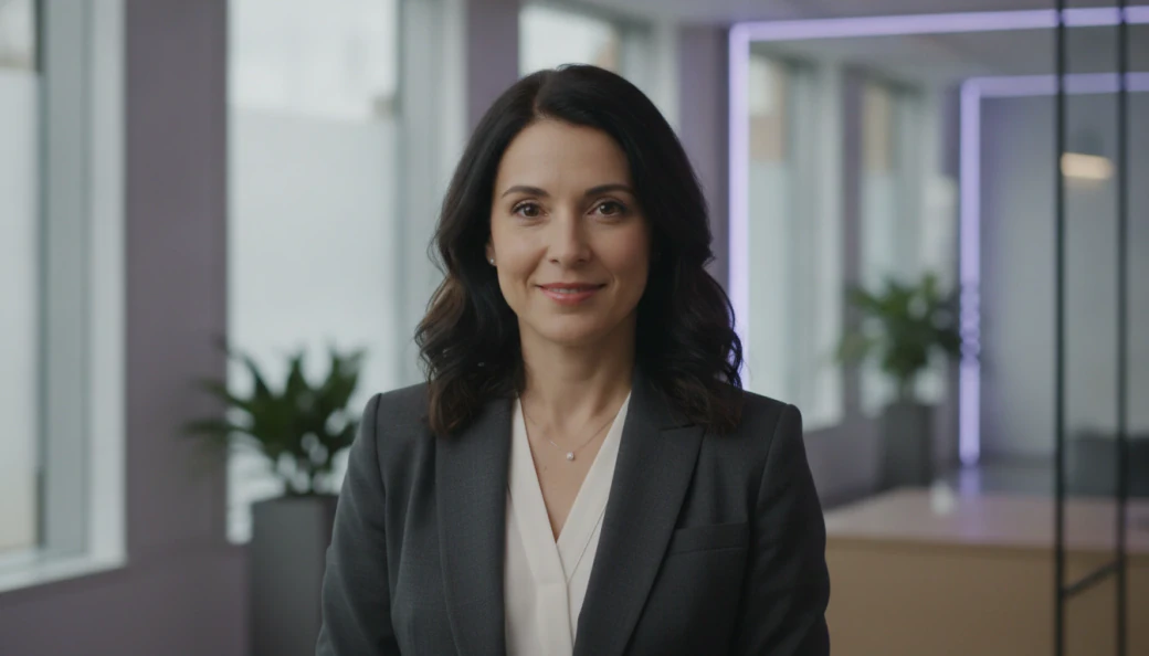A company founder smiling at the camera in a bright office, in a LinkedIn video made with Pictory