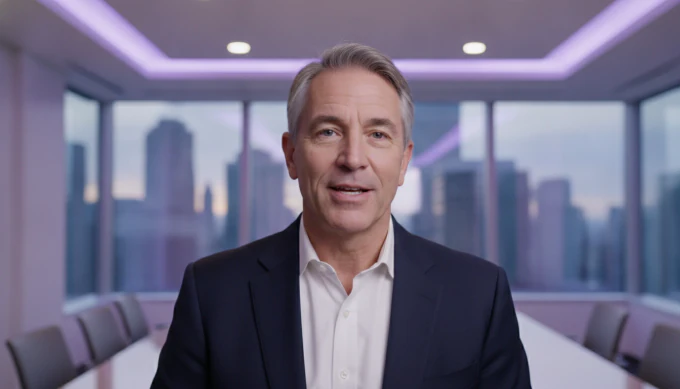 A company leader speaking in a recap video made from a town hall slide deck