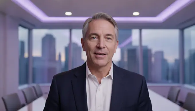 A company leader speaking in a recap video made from a town hall slide deck