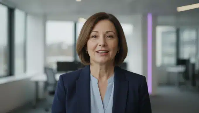A compliance officer in an office in a policy video with subtitles translated by Pictory