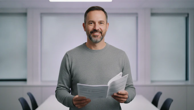 A compliance specialist holding a printed guide, with the document turned into a training video by Pictory 3