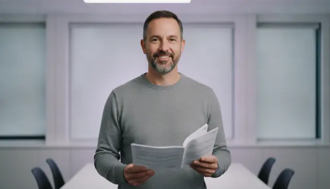 A compliance specialist holding a printed guide, with the document turned into a training video by Pictory 3