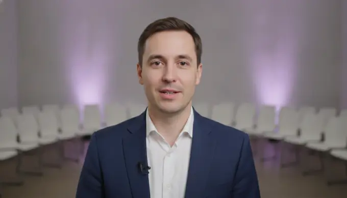 A conference host in an event highlight reel made from a keynote recording, with the moments ticked off